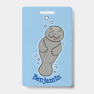Cute baby manatee with bubbles illustration ID badge