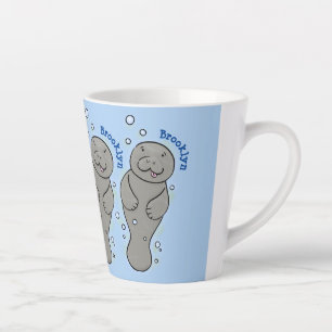 Cute baby manatee with bubbles illustration latte mug