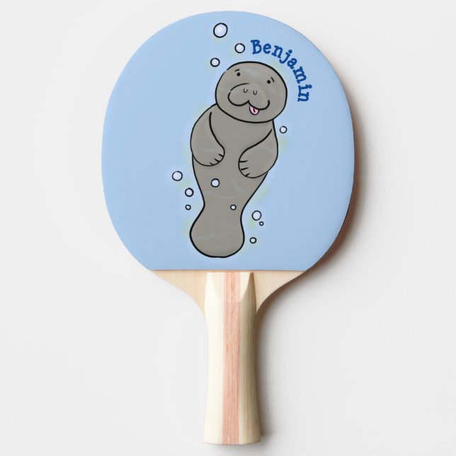 Cute baby manatee with bubbles illustration ping pong paddle (Front)