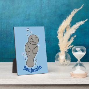 Cute baby manatee with bubbles illustration plaque