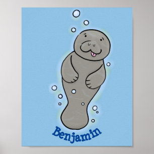 Cute baby manatee with bubbles illustration poster