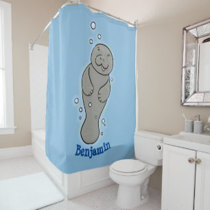 Cute baby manatee with bubbles illustration shower curtain