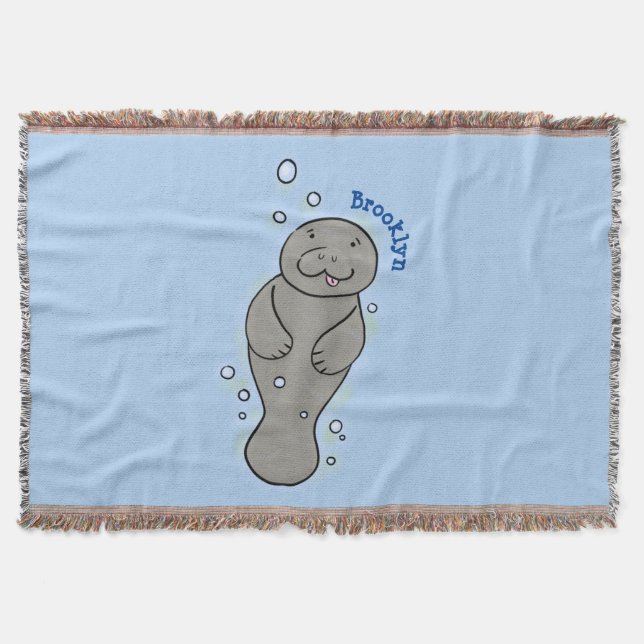 Cute baby manatee with bubbles illustration throw blanket (Front)