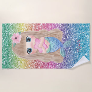 Cute Baby Mermaid,Colourful Glitter Beach Towel