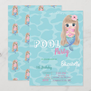 Cute Baby Mermaid Pool Birthday Party Invitation