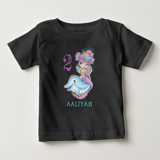 Cute Baby Mermaid with Dolphin Birthday T-Shirt (Front)
