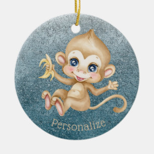 Cute Baby Monkey Banana Blue Glitter Personalise Ceramic Ornament