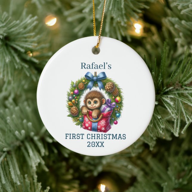 Cute Baby Monkey Christmas Ceramic Ornament (Tree)