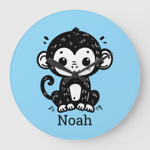 Cute Baby Monkey Drawing - Kawaii Nursery Art Large Clock