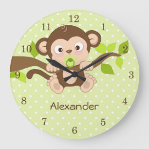 Cute Baby Monkey Green Polka Dots Wall Clocks