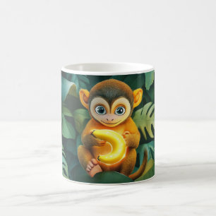 cute baby monkey in the jungle holding a shiny ban coffee mug