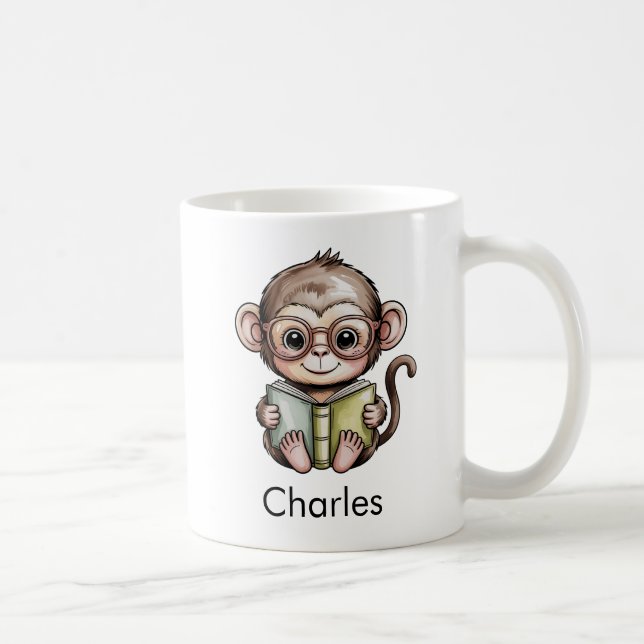 Cute Baby Monkey Reading a Book Coffee Mug (Right)