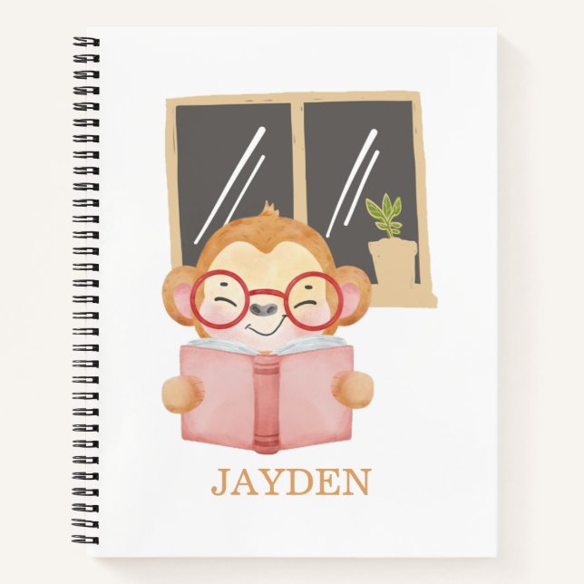 Cute Baby Monkey Reading Book Night Name Kids (Front)
