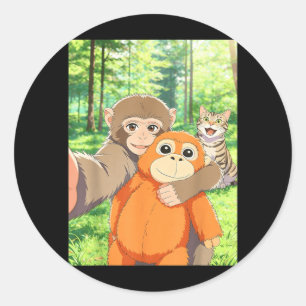 Cute Baby Monkey Selfie with Cat Meme Classic Round Sticker