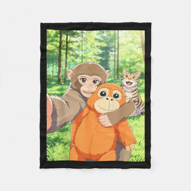 Cute Baby Monkey Selfie with Cat Meme Fleece Blanket (Front)