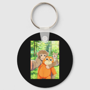 Cute baby monkey selfie with cat meme key ring