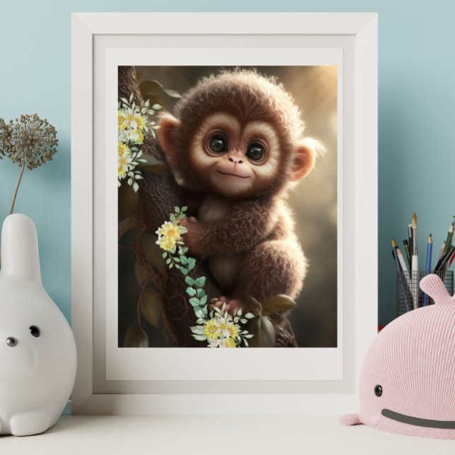 Cute Baby Monkey sitting on a Tree Yellow Flowers  Poster (Creator Uploaded)