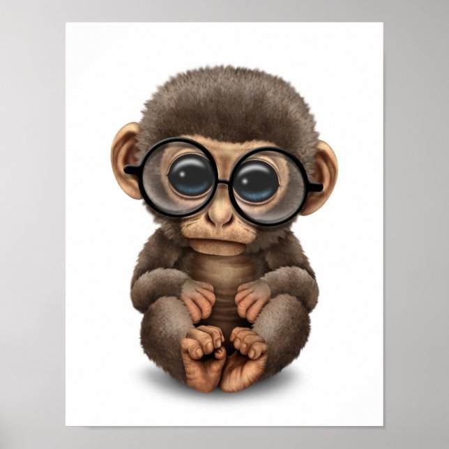 Cute Baby Monkey Wearing Eye Glasses White Poster (Front)