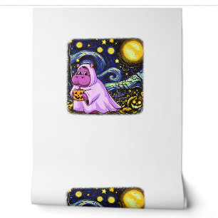 Cute Baby Moo Deng Halloween Van Gogh Starry Night Wallpaper
