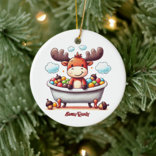 Cute Baby Moose Bath Time Cartoon Illustration Ceramic Ornament