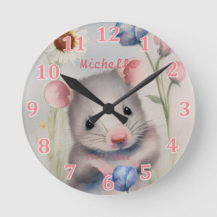 Cute Baby Mouse Pastel Watercolor Spring Flowers Round Clock