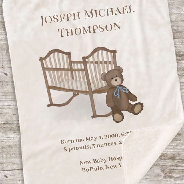 Cute Baby Name Birth Stats Teddy Bear Custom Sherpa Blanket (Creator Uploaded)