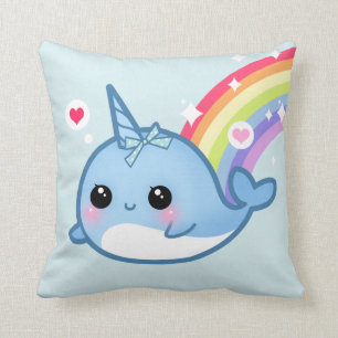 Cute baby narwhal and rainbow cushion