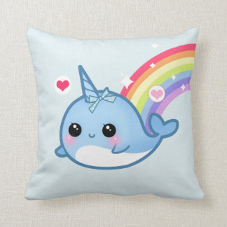 Cute baby narwhal and rainbow cushion