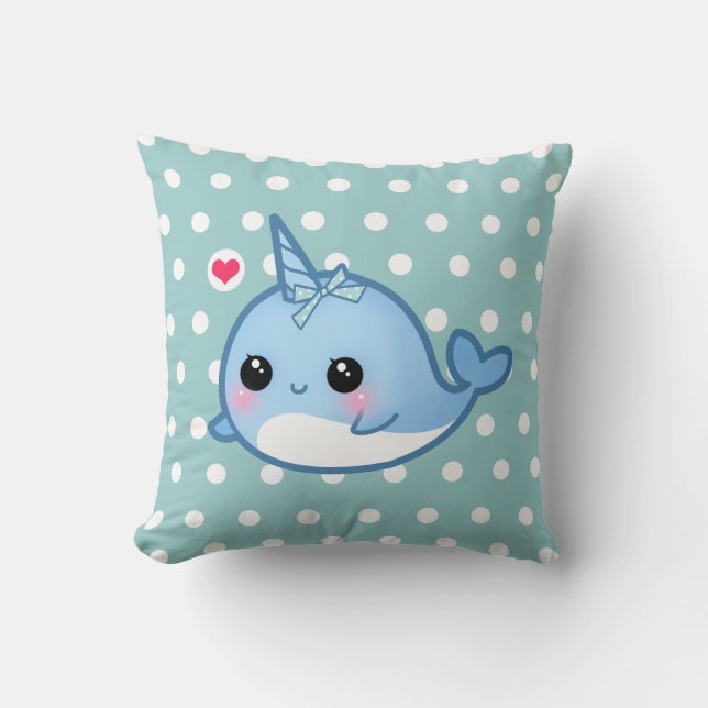 Cute baby narwhal on polka dots cushion (Front)