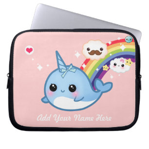 Cute baby narwhal with rainbow and clouds on pink laptop sleeve