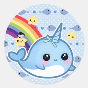 Cute baby narwhal with rainbow and stars classic round sticker