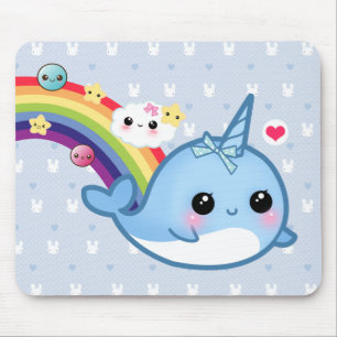 Cute baby narwhal with rainbow, clouds and stars mouse pad