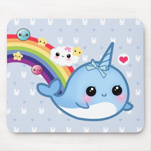 Cute baby narwhal with rainbow, clouds and stars mouse pad (Front)