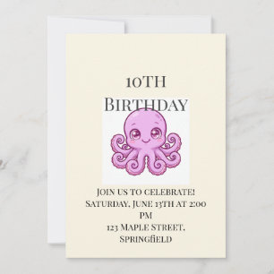 Cute Baby Octopus 10th Birthday Invitation