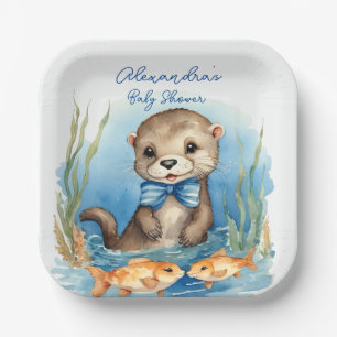 Cute Baby Otter Boy Baby Shower Paper Plate