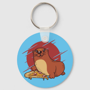 Cute Baby Otter Eating Yummy Pizza Design Key Ring