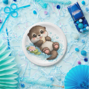 Cute Baby Otter Floating Birthday Party Paper Plate