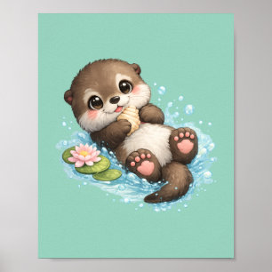 Cute Baby Otter Floating in Water Mint Green  Poster