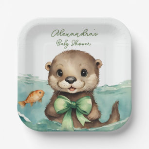 Cute Baby Otter Gender Neutral Baby Shower Paper Plate