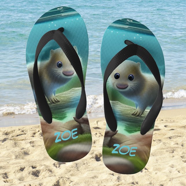 Cute baby otter in pond - personalizable  kid's thongs (Creator Uploaded)