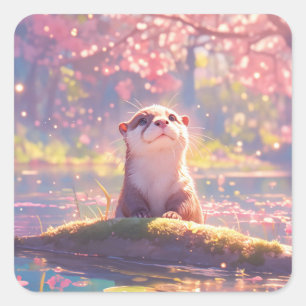 Cute Baby Otter Looking at Pink Cherry Blossoms Square Sticker