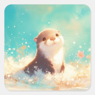 Cute Baby Otter Playing in Golden Sparkling Ocean Square Sticker