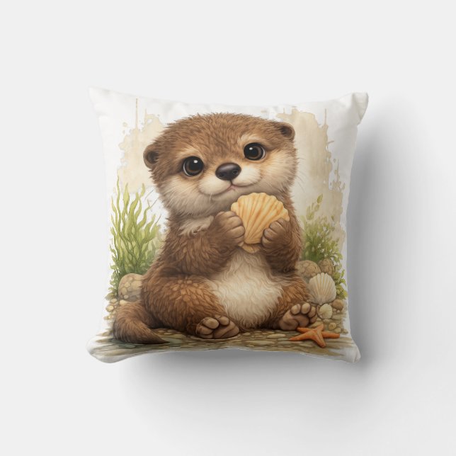 Cute Baby Otter Shell Pillow Kawaii Decor (Front)