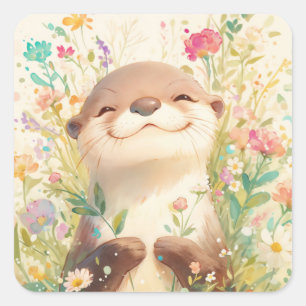 Cute Baby Otter Smiling in Meadow Flowers Square Sticker