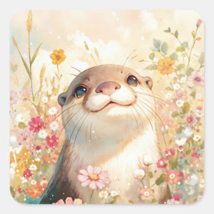Cute Baby Otter Smiling in Sunlit Meadow Square Sticker