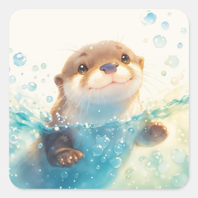 Cute Baby Otter Splashing in Sparkling Blue Water Square Sticker (Front)