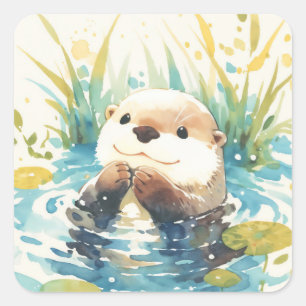Cute Baby Otter Swimming in Blue Pond Square Sticker