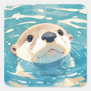 Cute Baby Otter Swimming in Blue Rippling Water Square Sticker