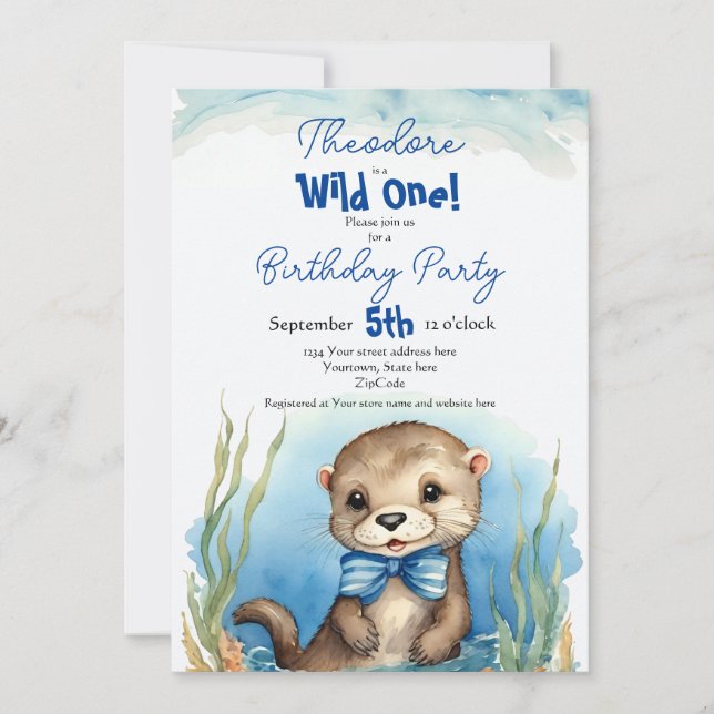 Cute Baby Otter Wild One Boy Birthday Invitation (Front)