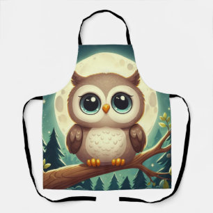 Cute baby owl at night with moon apron